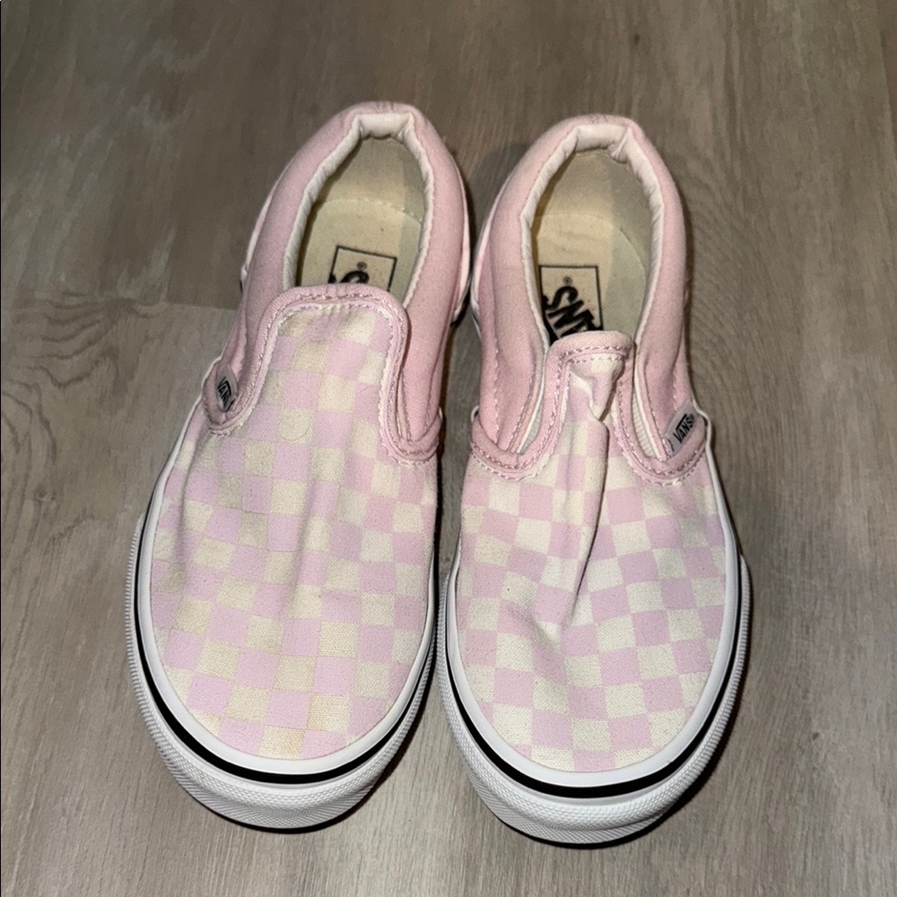 Vans Pink and Cream Slip-On Sneakers with Checkerboard Design